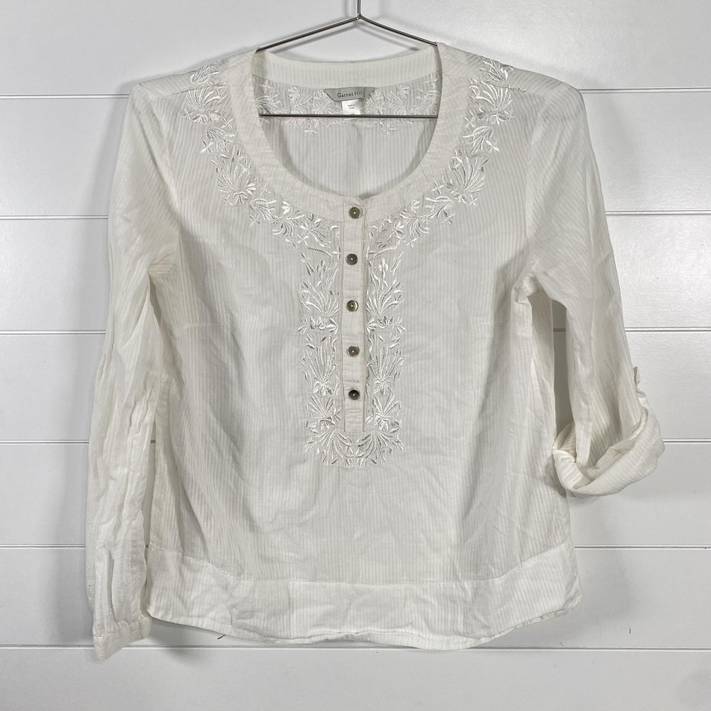 Garnet Hill Shirt Womens 6P White Embroideredโ Cotton Henley Boho Peasant Top